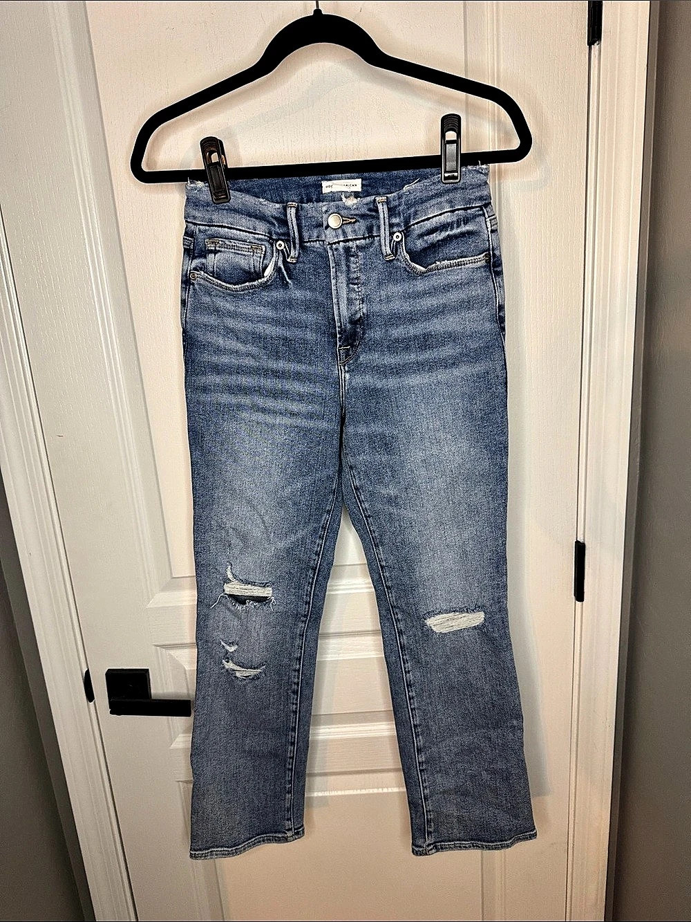 Good American Good Legs Straight Distressed Jeans Blue Waist 6/28